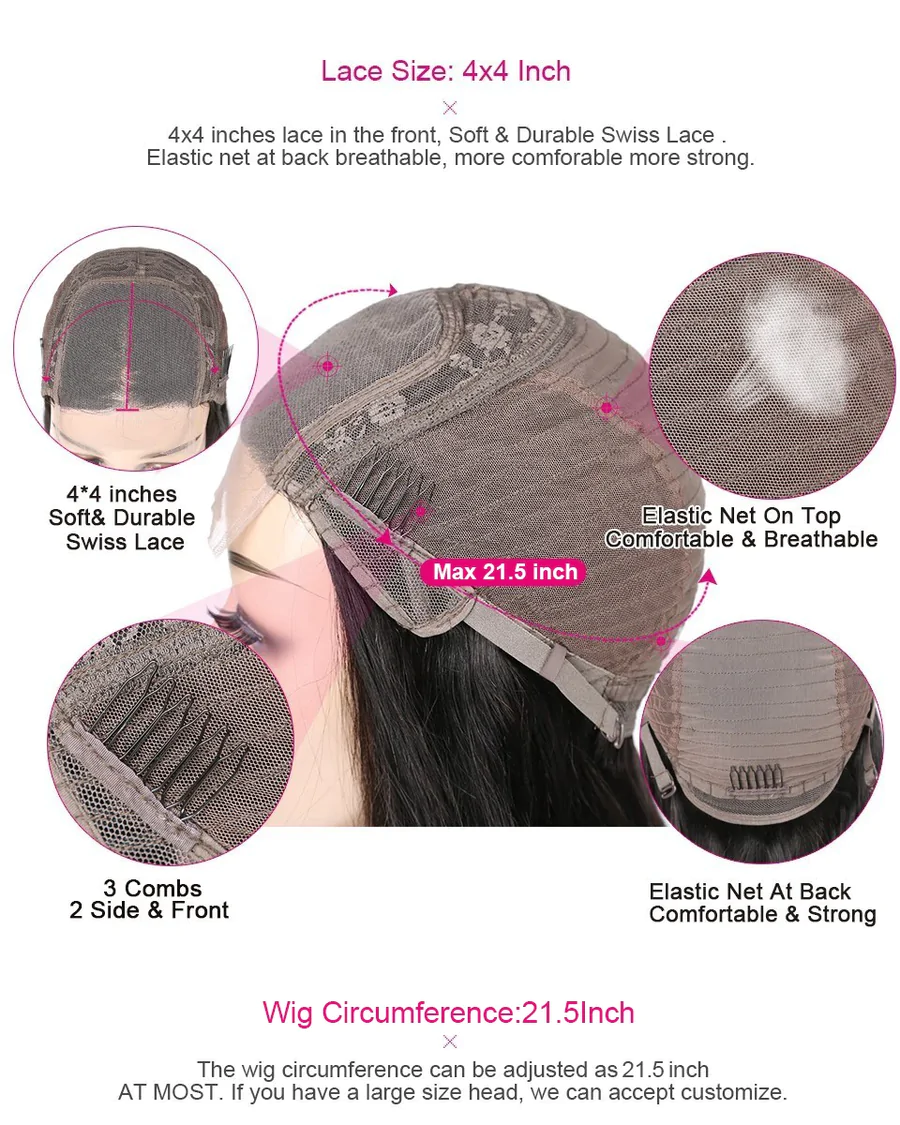 Angie Queen 4x4 Glueless Lace Closure Straight Human Hair Wigs Natural Black Pre Plucked