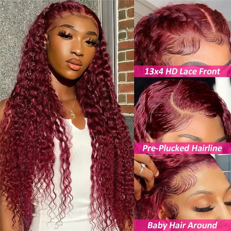 AngieQueen Hair 99J Color Water Wave Lace Front Wig
