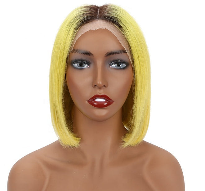 Angie Queen T1b/Yellow Straight Middle Part Frontal Lace Bob Wig
