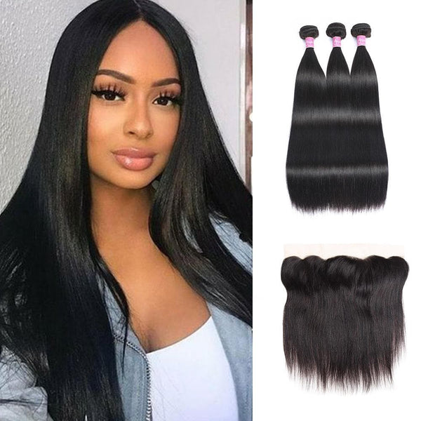 Affordable Angie Queen 3 Bundles with Frontal Brazilian Silky Straight Virgin Human Hair Weave Bundles on Sales, No Shedding, No Tangle, Unprocessed Raw Cuticle Aligned Virgin Hair, Free Shipping, 2-4 Days Arrival. 7 Days No Reason Return.