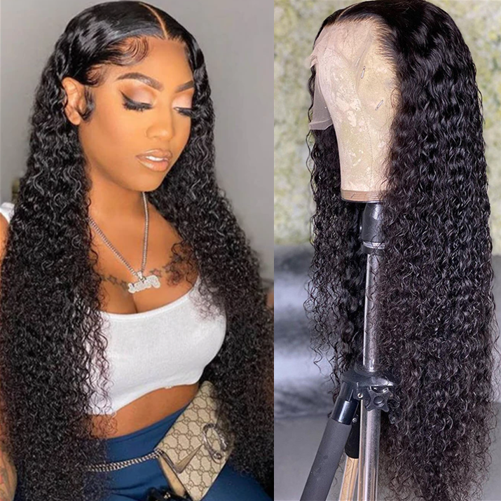 Angiequeen Real 13X4 HD /Transparent Curly Wave Natural Black Long Glueless Wig