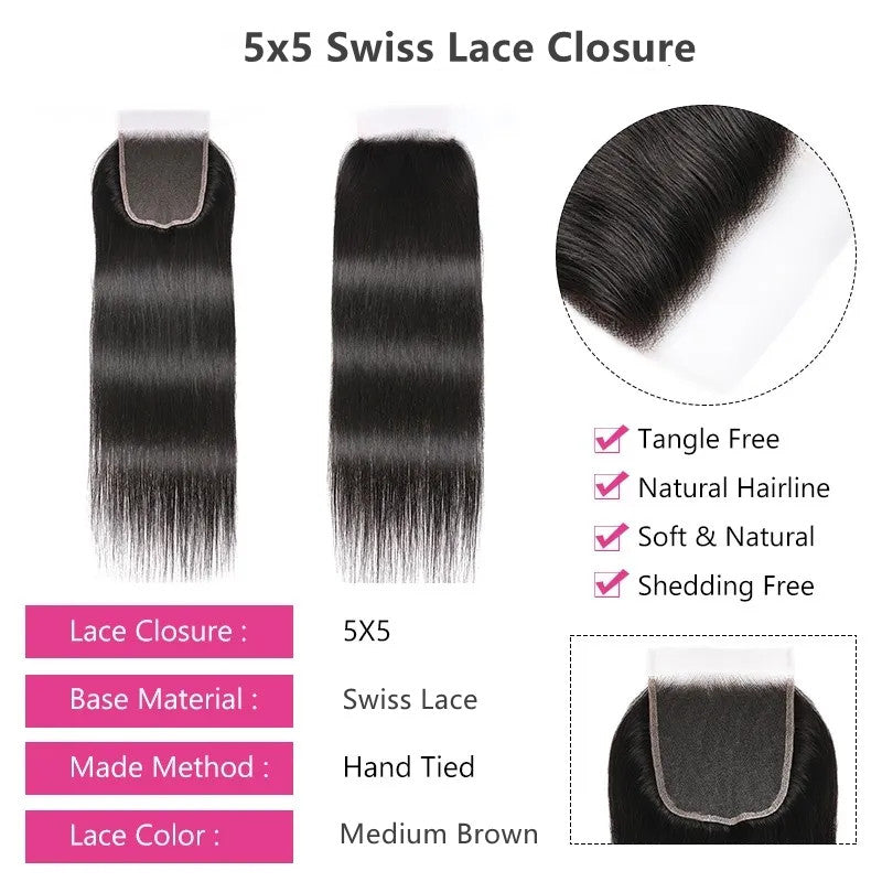 Angie Queen Straight 5x5 Closure Free Part Brazilian Virgin Human Hair Extensions