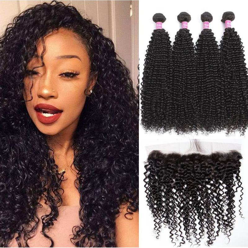 Angie Queen 4 Bundles with Frontal Indian Curly Virgin Human Hair Weave Bundles