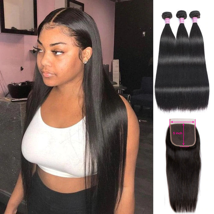 Angie Queen 5x5 Lace Closure With Bundles Brazilian Virgin Straight Human Hair