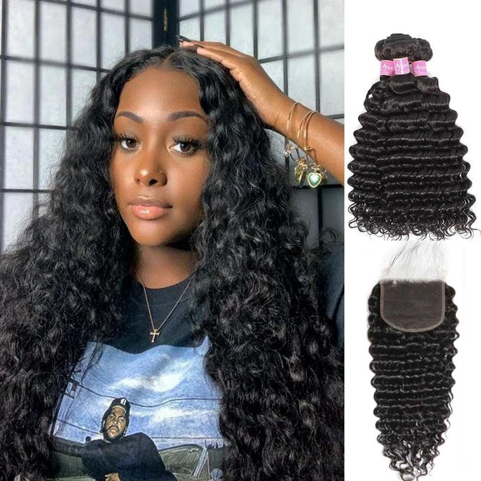 Angie Queen 5x5 Lace Closure With Bundles Brazilian Deep Wave Virgin Human Hair For Woman