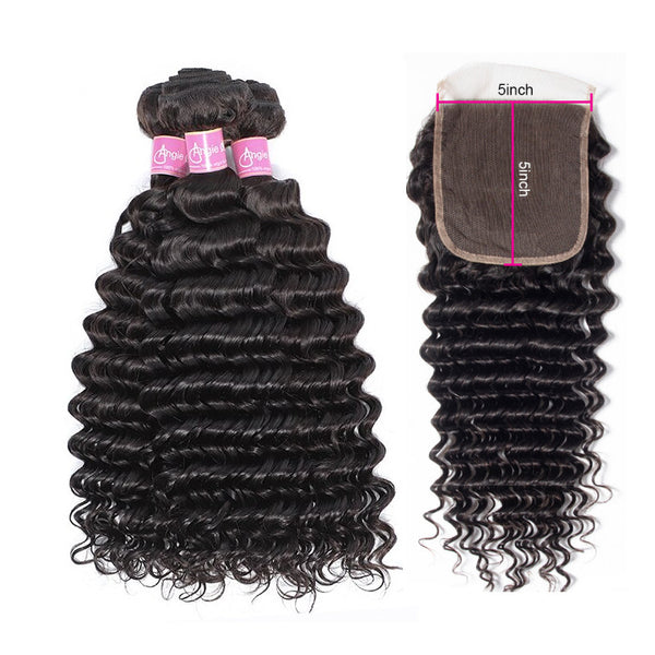 Angie Queen 5x5 Lace Closure With Bundles Brazilian Deep Wave Virgin Human Hair For Woman