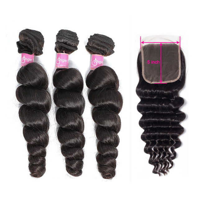 Angie Queen Brazilian Loose Wave 3 Bundles with 5x5 Lace Closure for Full Head Sale