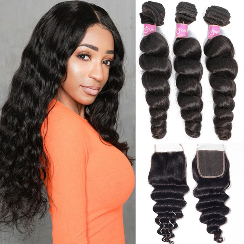 Angie Queen Brazilian Loose Wave 3 Bundles with 5x5 Lace Closure for Full Head Sale