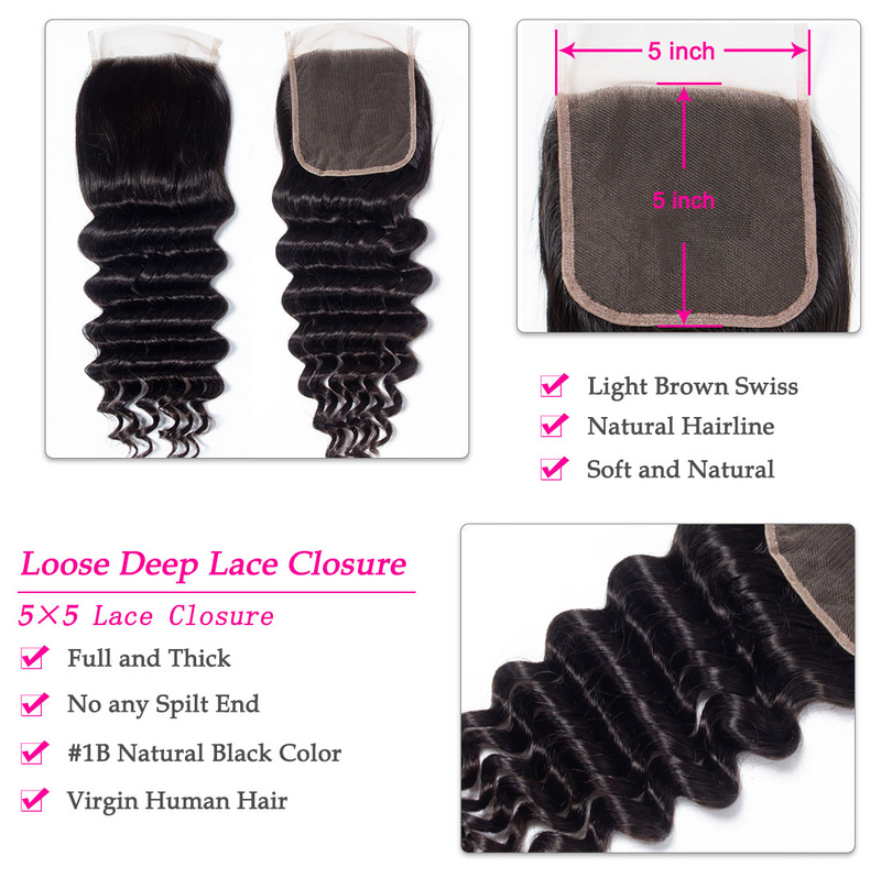 Angie Queen Loose  Wave Free Part 5x5 Lace Closure Virgin Hair Closure For Women