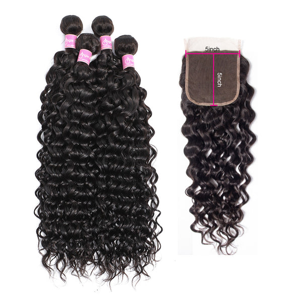 Angie Queen  Water Wave 3 Bundles with 5x5 Lace Closure Virgin Hair Deals