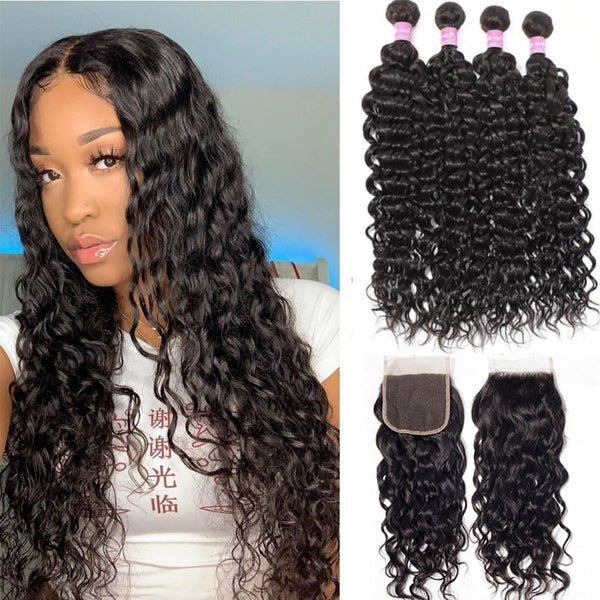 Angie Queen  Water Wave 3 Bundles with 5x5 Lace Closure Virgin Hair Deals