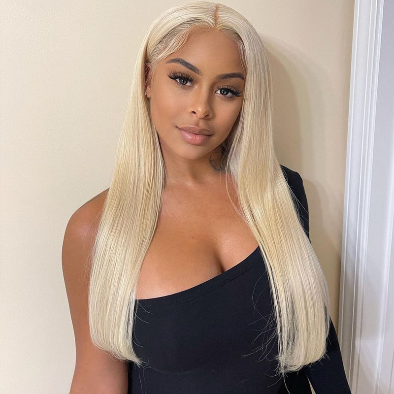 Angie Queen 100% Virgin Volume Human Hair Soft Long 613 Blonde Straight Lace Frontal Wig