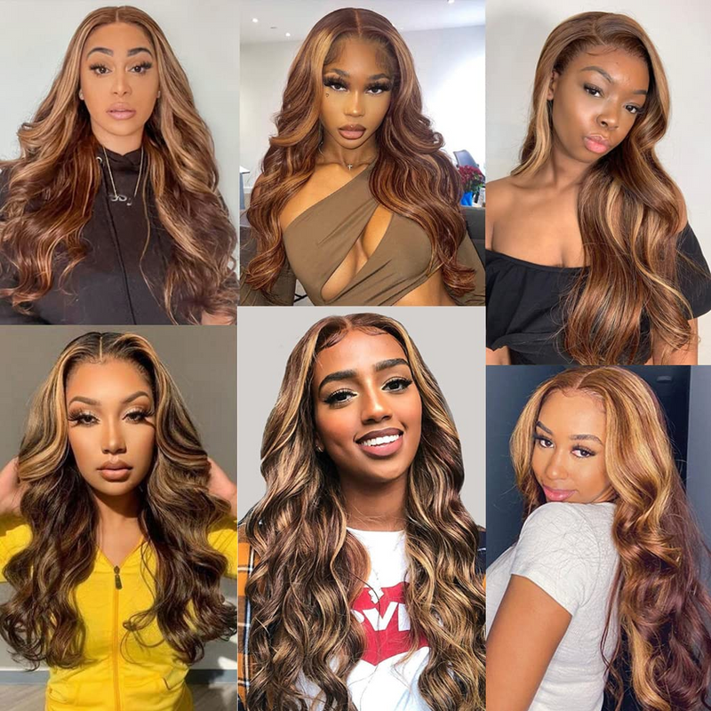 AngieQueen Highlight 4/27 Ombre Body Wave 13x4 Lace Front Wigs High Density Wig