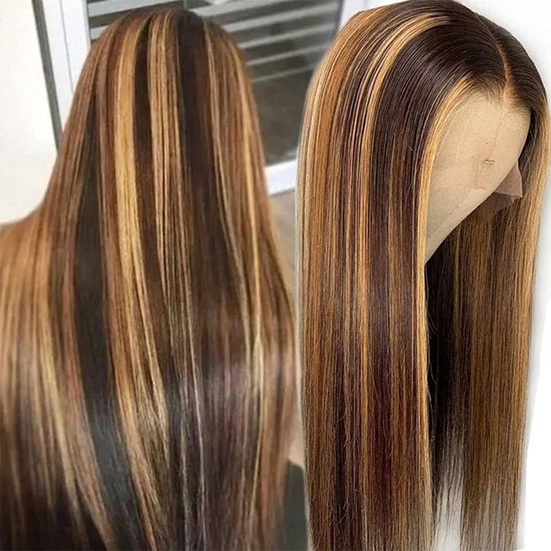 AngieQueen 13X4 HD Lace Front Wig P4/27 Ombre Straight Highlight Human Hair Wigs For Women