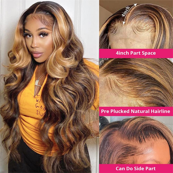 AngieQueen Highlight 4/27 Ombre Body Wave 13x4 Lace Front Wigs High Density Wig