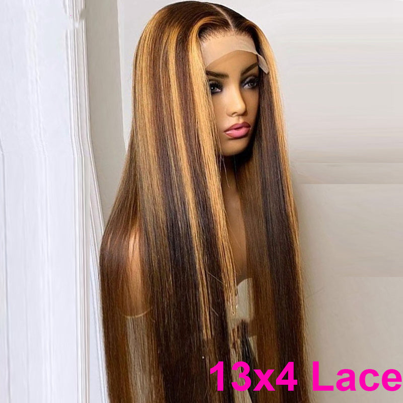 AngieQueen 13X4 HD Lace Front Wig P4/27 Ombre Straight Highlight Human Hair Wigs For Women
