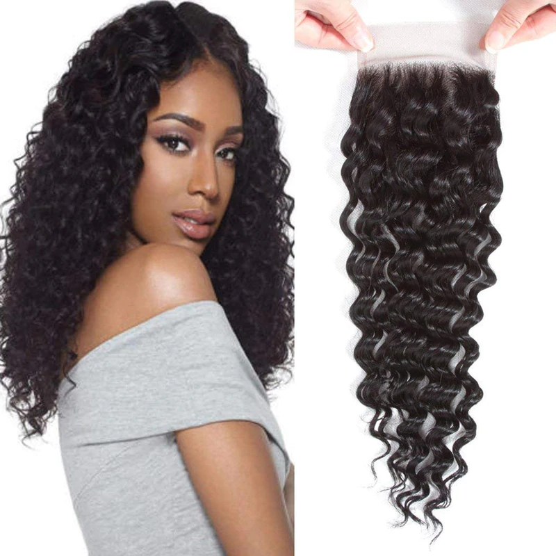 Angie Queen 4x4 Lace Closure Deep Wave Free Middle Three Part Brazilian Human Hair