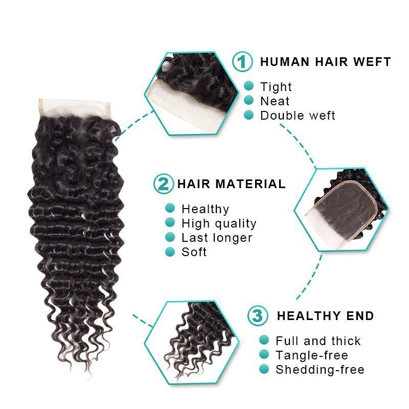 Angie Queen 4x4 Lace Closure Deep Wave Free Middle Three Part Brazilian Human Hair