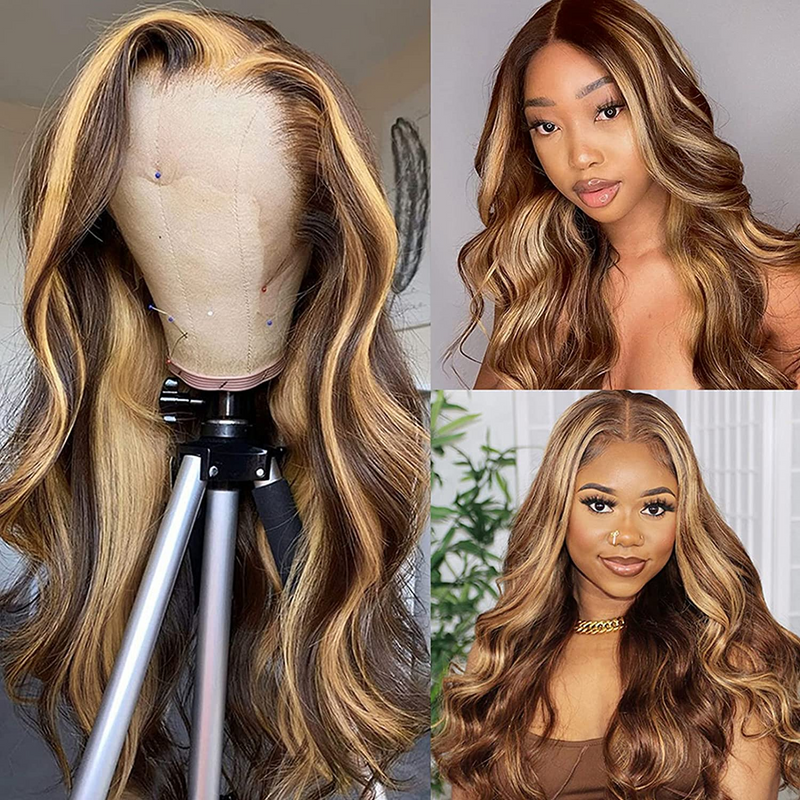 AngieQueen Highlight 4/27 Ombre Body Wave 13x4 Lace Front Wigs High Density Wig