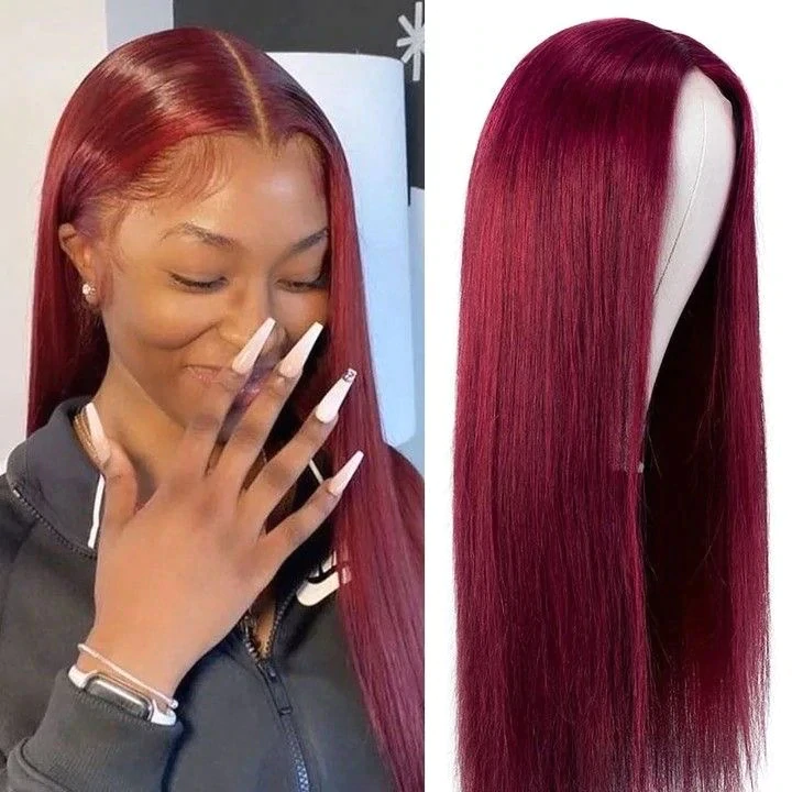 AngieQueen Colored Burgundy Transparent Lace Front Wigs Human Hair Straight Wig Red 13x4x1 Lace Frontal Wigs