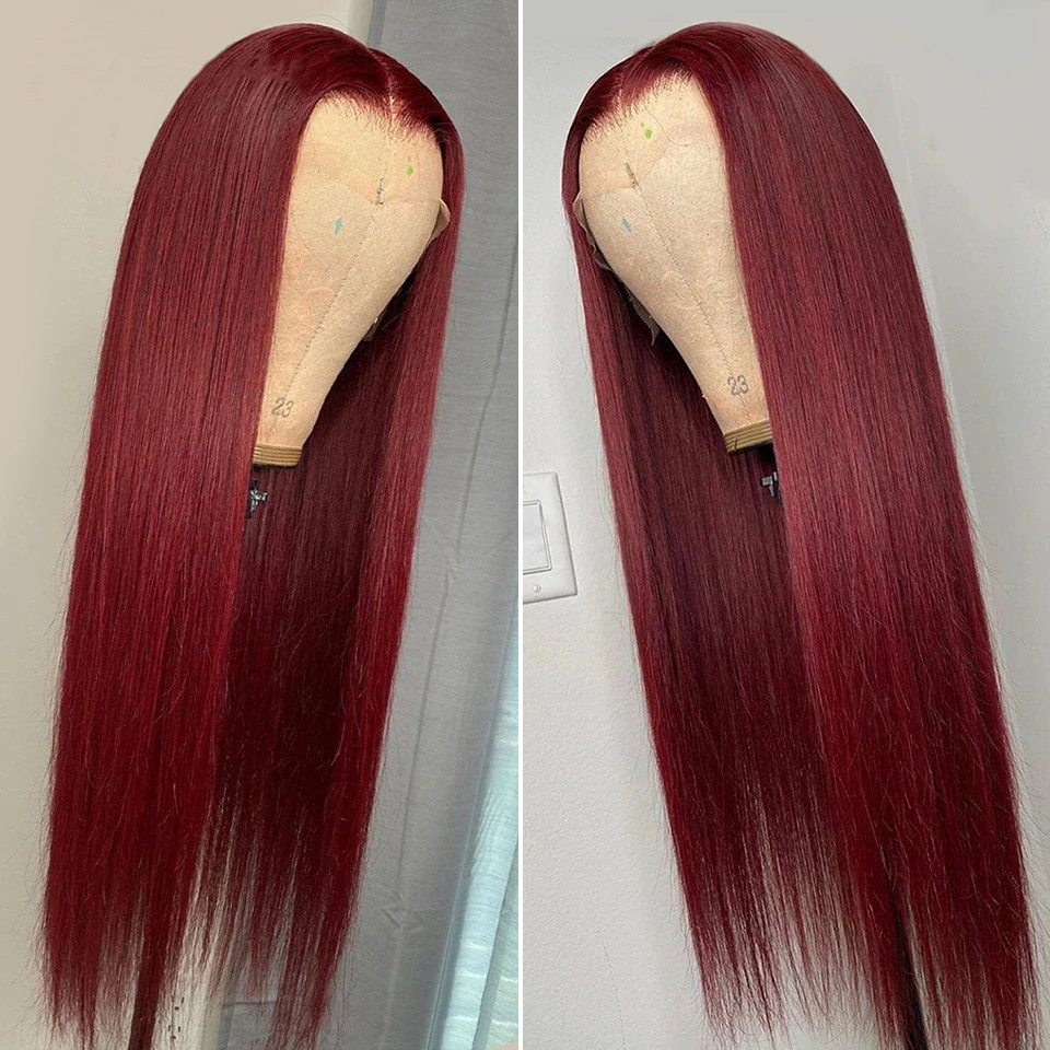 AngieQueen Colored Burgundy Transparent Lace Front Wigs Human Hair Straight Wig Red 13x4x1 Lace Frontal Wigs