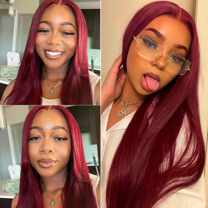AngieQueen Colored Burgundy Transparent Lace Front Wigs Human Hair Straight Wig Red 13x4x1 Lace Frontal Wigs