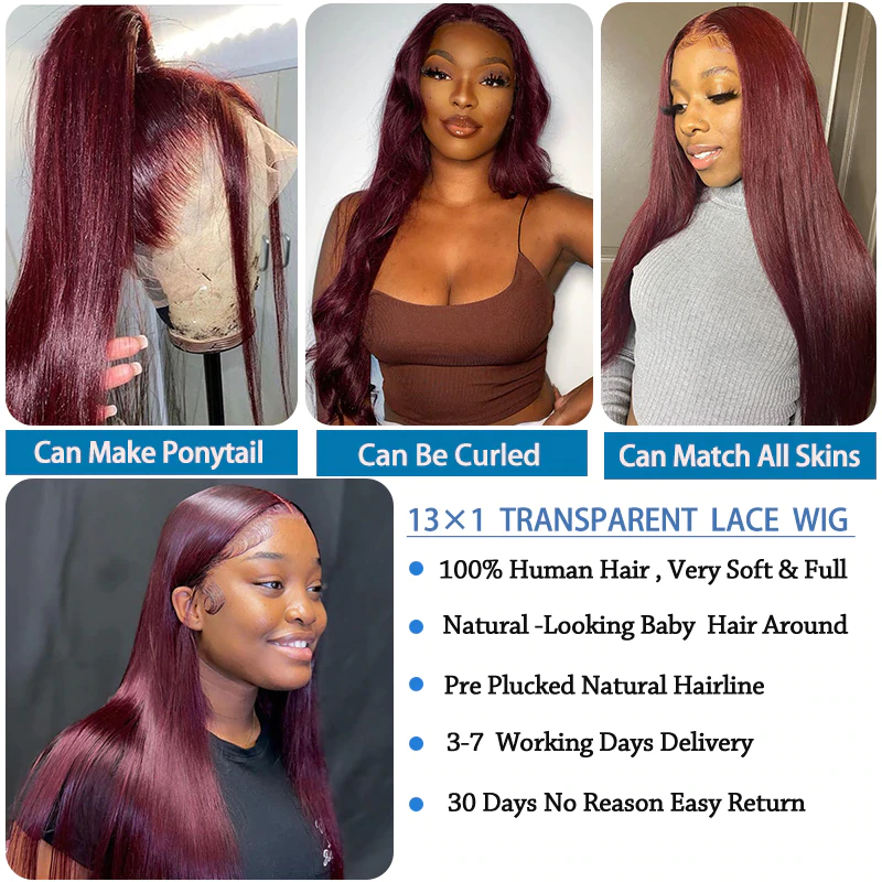 AngieQueen Colored Burgundy Transparent Lace Front Wigs Human Hair Straight Wig Red 13x4x1 Lace Frontal Wigs