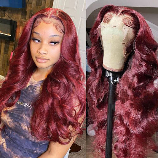 AngieQueen 99J Red and Burgundy Body Wave Part Transpant Lace Frontal Wig
