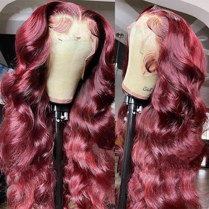 AngieQueen 99J Red and Burgundy Body Wave Part Transpant Lace Frontal Wig