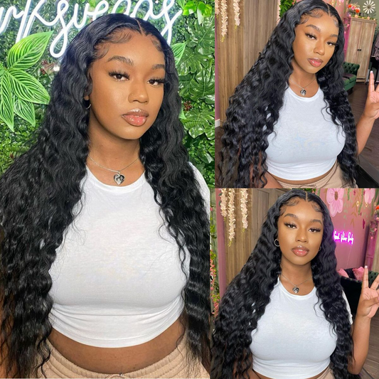 Angiequeen Loose Deep  Wave Real 13X4 HD /Transparent Long Glueless Natural Black Wig