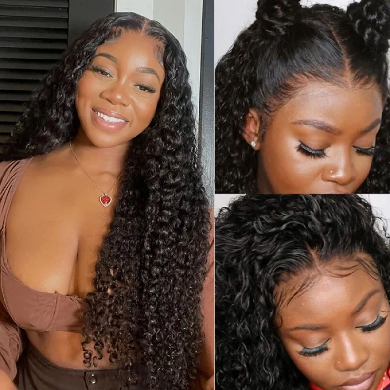 Angiequeen Real 4X4 HD /Transparent Lace Closure Curly Wave Glueless Long Wig