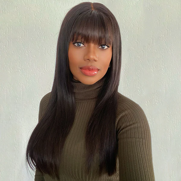 AngieQueen Straight Human Hair Wigs Pre-Plucked With Bangs Glueless Remy Human Hair Wigs