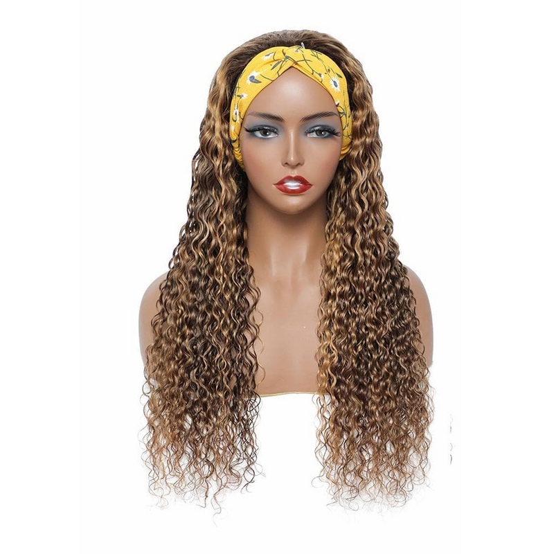 AngieQueen #4/27 Color Deep Wave Headband Human Hair Wig No Gel No Glue Silk Scarf Headband Wigs
