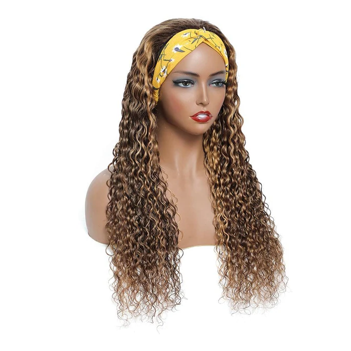 AngieQueen #4/27 Color Deep Wave Headband Human Hair Wig No Gel No Glue Silk Scarf Headband Wigs
