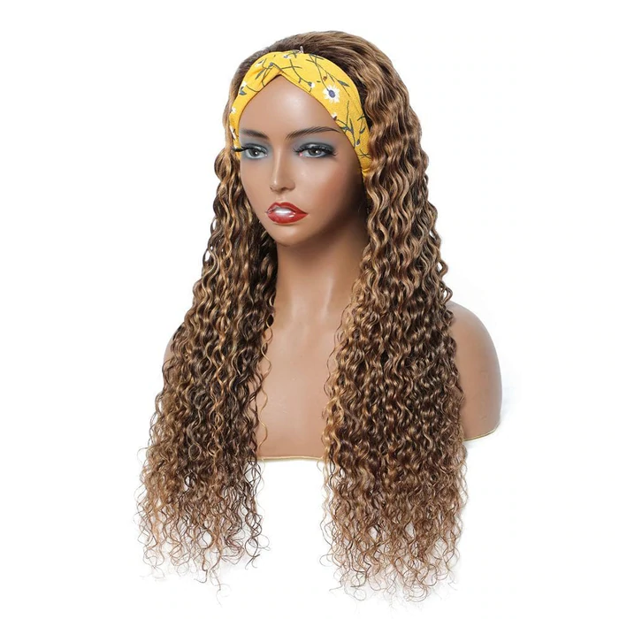 AngieQueen #4/27 Color Deep Wave Headband Human Hair Wig No Gel No Glue Silk Scarf Headband Wigs