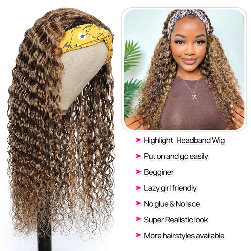 AngieQueen #4/27 Color Deep Wave Headband Human Hair Wig No Gel No Glue Silk Scarf Headband Wigs