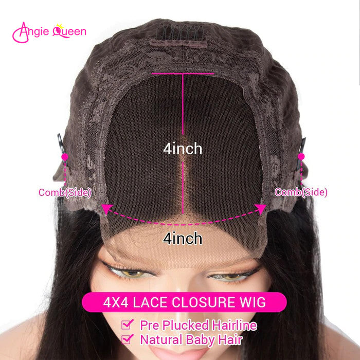 Angie Queen 4*4 Lace Closure Wigs Peruvian Curly Human Hair Wigs 180% Density Pre-plucked