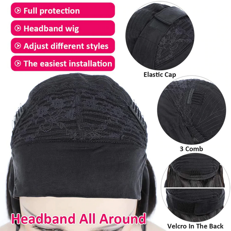 AngieQueen Headband Wigs Short Bob Human Hair Wig for Women Easy Wear Half Wig with Free Headbands