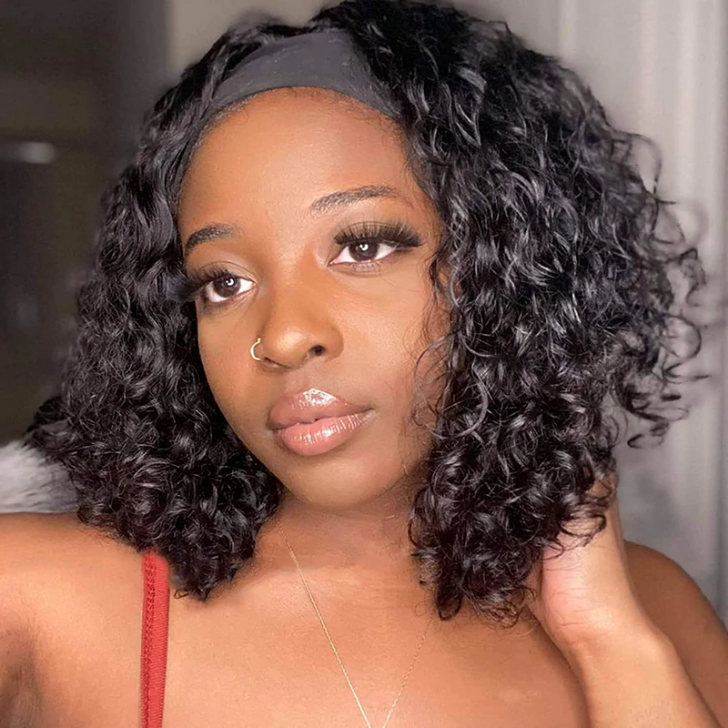AngieQueen Headband Bob Deep Wave 180% Density Breathable Comfortable Human Hair Beginner Wig
