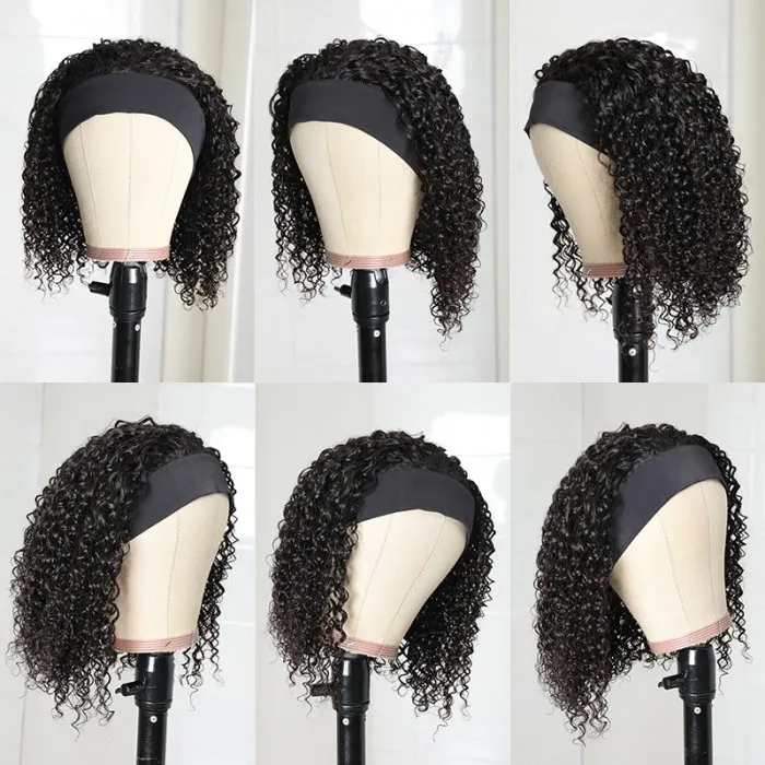 AngieQueen Headband Short Bob Curly Wave 180% Density Human Hair Glueless Wig