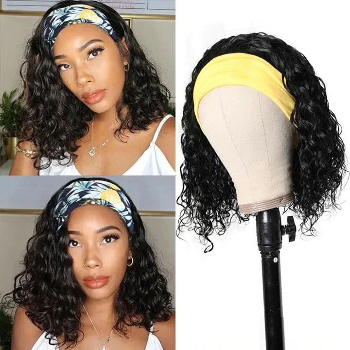 AngieQueen Headband Short Bob Wig 180% Density Water Wave Human Hair Human Hair Beginner Wig