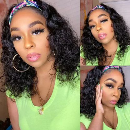 AngieQueen Headband Short Bob Wig 180% Density Water Wave Human Hair Human Hair Beginner Wig