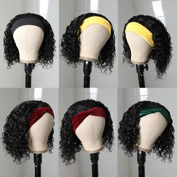 AngieQueen Headband Short Bob Wig 180% Density Water Wave Human Hair Human Hair Beginner Wig