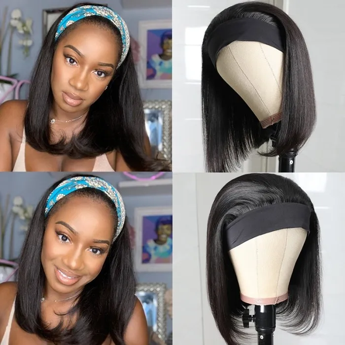 AngieQueen Headband Wigs Short Bob Human Hair Wig for Women Easy Wear Half Wig with Free Headbands