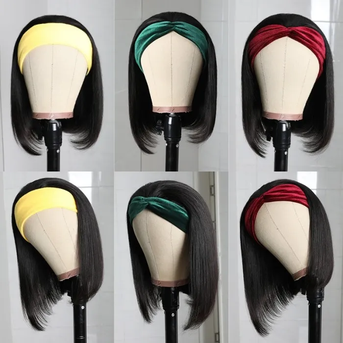AngieQueen Headband Wigs Short Bob Human Hair Wig for Women Easy Wear Half Wig with Free Headbands