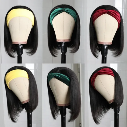 AngieQueen Headband Wigs Short Bob Human Hair Wig for Women Easy Wear Half Wig with Free Headbands