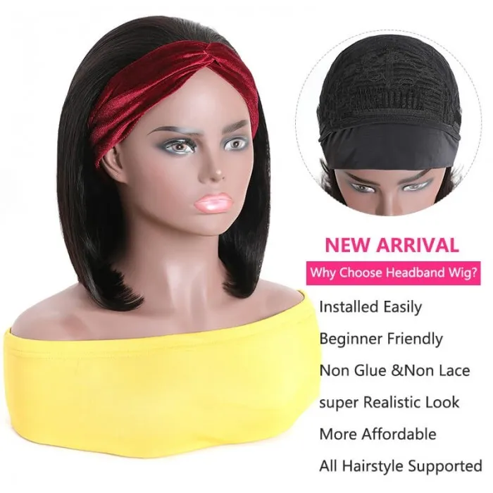 AngieQueen Headband Wigs Short Bob Human Hair Wig for Women Easy Wear Half Wig with Free Headbands