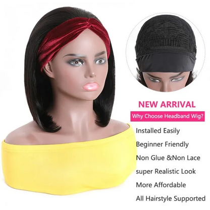 AngieQueen Headband Wigs Short Bob Human Hair Wig for Women Easy Wear Half Wig with Free Headbands