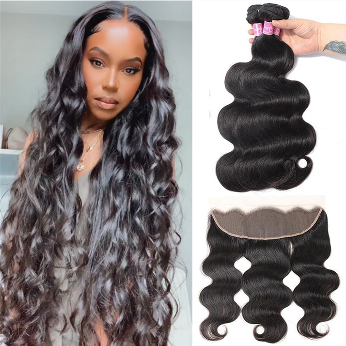 Angie Queen 3 Bundles with Frontal Peruvian Body Wave Virgin Human Hair Weave Bundles