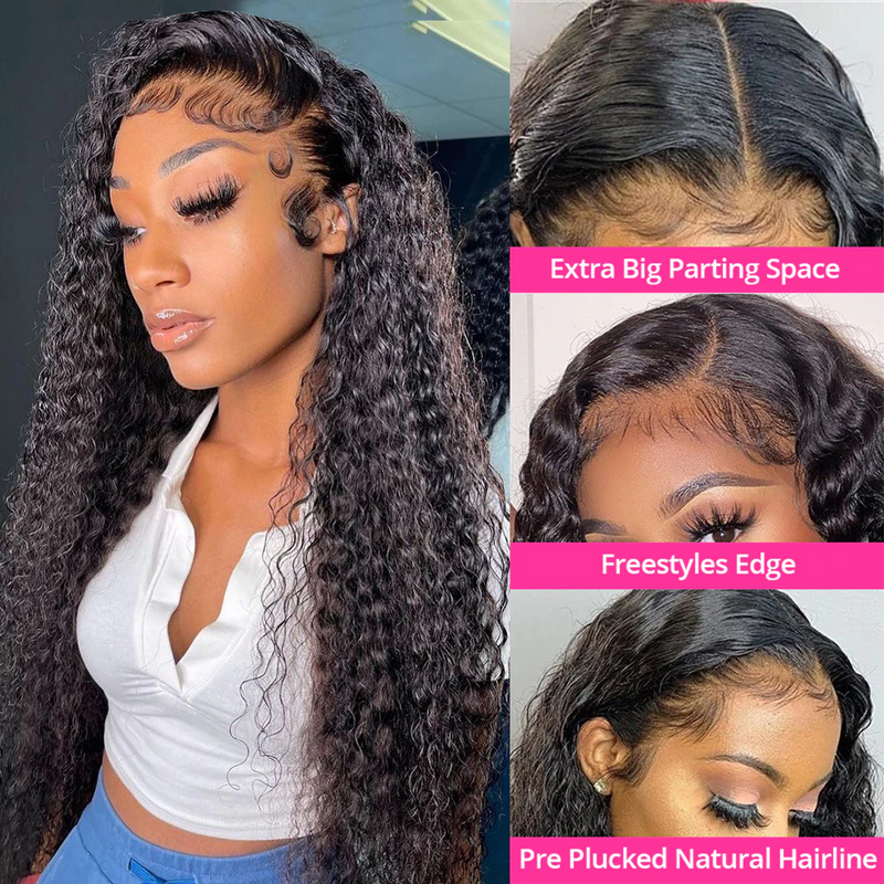 Angiequeen Real 4X4 HD /Transparent Lace Closure Curly Wave Glueless Long Wig